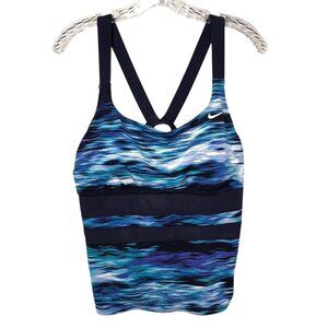 Nike Tankini Strappy Back Swim Top Blue Wave Print L Padded Bathing Suit Womens